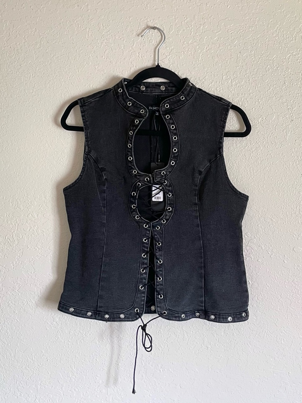 Fashion Nova Black That Girl Lace Up Denim Top - Picture 2 of 8